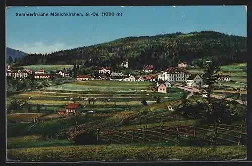 AK Mönichkirchen, Ortsansicht mit Feldern und Bergblick