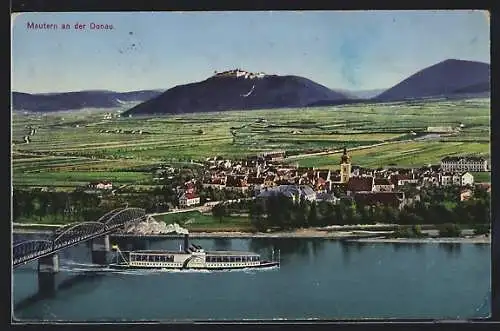 AK Mautern a. d. Donau, Gesamtansicht mit Fluss und Gebirge