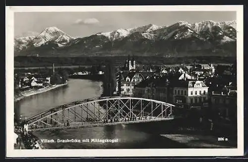 AK Villach, Blick auf die Draubrücke mit Mittagskogel