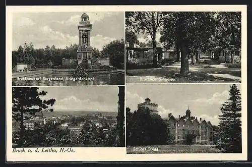 AK Bruck / Leitha, Schloss Prugg, Lager Bruckneudorf, Kriegerdenkmal