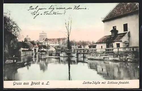 AK Bruck a. L., Leitha-Idylle mit Schloss-Ansicht