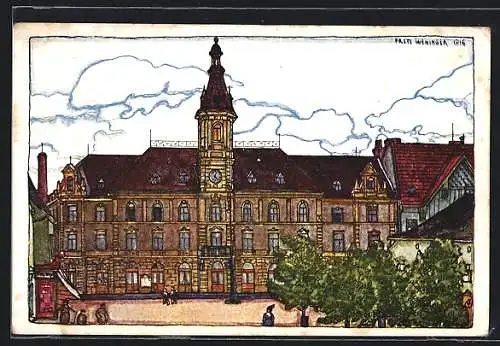 Künstler-AK Neunkirchen, Hauptplatz mit Rathaus