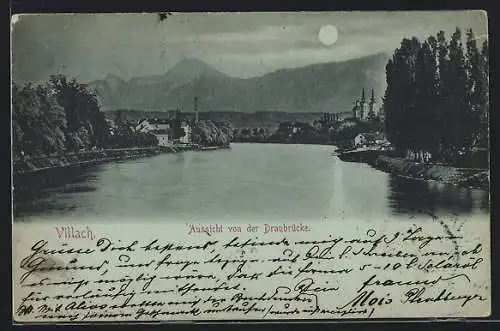 Mondschein-AK Villach, Aussicht von der Draubrücke