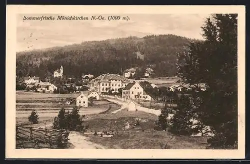 AK Mönichkirchen /N.-Oe., Ortsansicht gegen einen Hügel