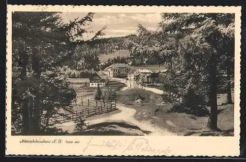 AK Mönichkirchen /N.-Ö., Wegpartie mit Blick auf das Hotel Lang