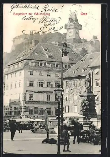 AK Graz, Hauptplatz mit Cafe Nordstern und Schlossberg