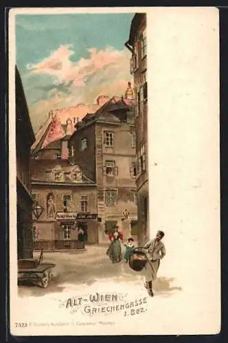Lithographie Wien, Griechengasse mit Passanten