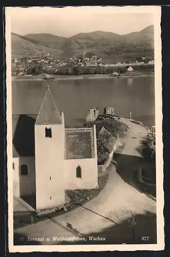AK St. Lorenzen, Kirche mit Weissenkirchen an der Donau