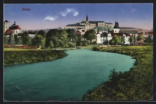 AK Glatz, Panorama mit Kirche