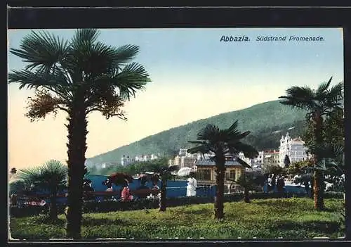 AK Abbazia, Südstrand-Promenade mit Palmen