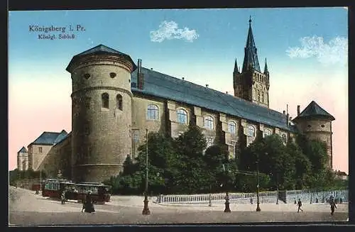AK Königsberg, Abendstimmung am Königl. Schloss, Strassenbahn
