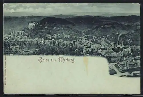 Mondschein-AK Marburg, Gesamtansicht mit Kirche in der Hügellandschaft