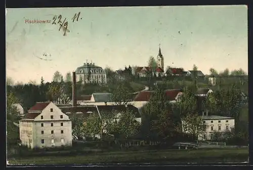 AK Pischkowitz, Ortsansicht mit Blick auf die Kirche