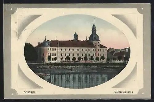 AK Cüstrin, Blick vom Wasser auf die Schlosskaserne, Präge-Passepartout