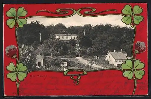 AK Bad Collund, Ortspartie mit drei Häusern, Rotes Passepartout mit vierblättrigen Kleeblättern