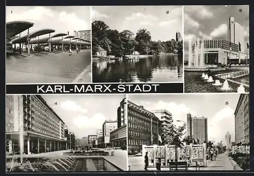 AK Karl-Marx-Stadt, Omnibusbahnhof, Schlossteich, Stadthalle, Rosenhof, Ensemble Lobgedichte