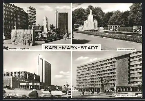 AK Karl-Marx-Stadt, Ensemble Lobgedichte, Schlossteichanlagen, Stadthalle, Karl-Marx-Monument