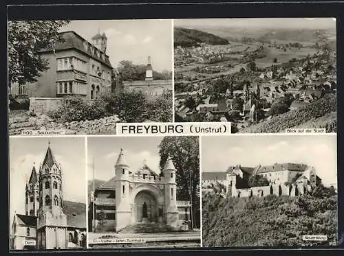 AK Freyburg (Unstrut), HOG Sektkellerei, Blick auf die Stadt, Dom, Fr.-Ludw.-Jahn-Turnhalle, Die Neuenburg