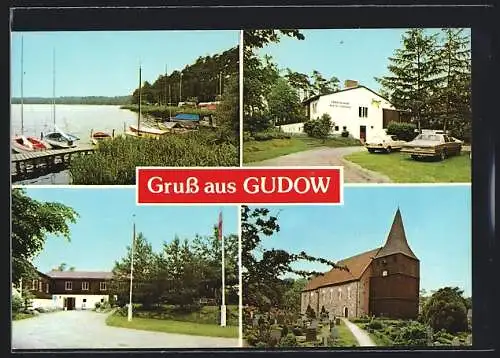 AK Gudow, Das Heim August Schilinski, Seenpartie, Kirche