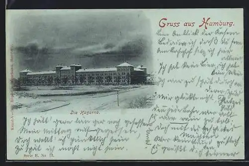 Mondschein-AK Hamburg, Kaserne im Winter