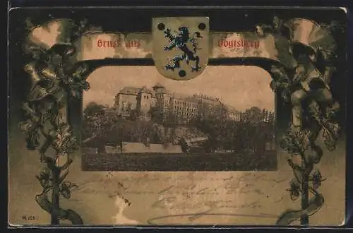 AK Oelsnitz / Vogtland, Schloss Voigtsberg, lithographisches Passepartout mit Wappen