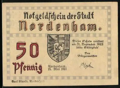 Notgeld Nordenham 1921, 50 Pfennig, Stadtwappen