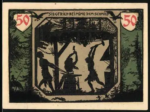 Notgeld Xanten 1921, 50 Pfennig, Domverein, Dom, Heilige mit Wappen, Siegfried bei Mime dem Schmied