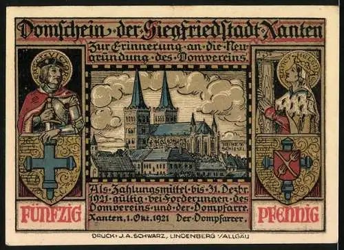 Notgeld Xanten 1921, 50 Pfennig, Domverein, Dom, Heilige mit Wappen, Siegfried bei Mime dem Schmied