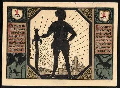 Notgeld Xanten 1921, 1 Mark, Domverein, Dom, Heilige mit Wappen, Siegfried mit Schwert vor der Burg