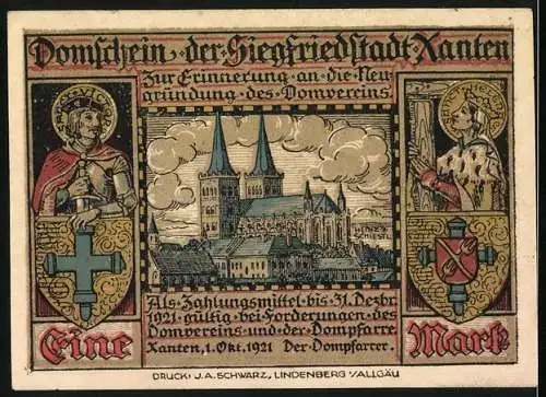 Notgeld Xanten 1921, 1 Mark, Domverein, Dom, Heilige mit Wappen, Siegfried mit Schwert vor der Burg