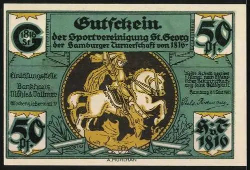Notgeld Hamburg 1921, 50 Pfennig, Sportvereinigung St. Georg, Alsterschütte um 1800, Windmühle