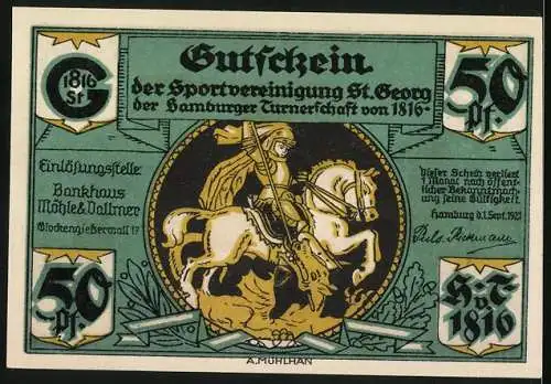 Notgeld Hamburg 1921, 50 Pfennig, Sportvereinigung St. Georg, Austreibung der Bürger durch die Franzosen 1813