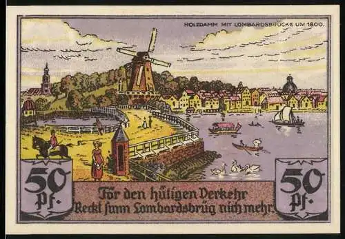 Notgeld Hamburg 1921, 50 Pfennig, Sportvereinigung St. Georg, Holzdamm mit Lombardsbrücke um 1800