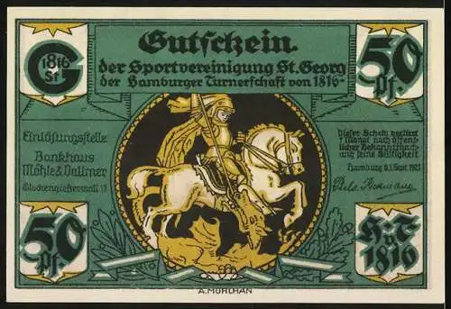 Notgeld Hamburg 1921, 50 Pfennig, Sportvereinigung St. Georg, Holzdamm mit Lombardsbrücke um 1800