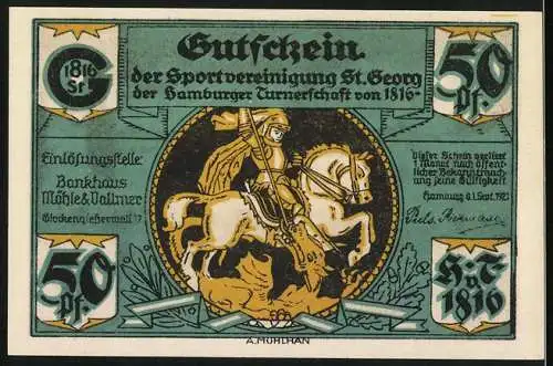 Notgeld Hamburg 1921, 50 Pfennig, Sportvereinigung St. Georg, Der Hamburger Brand 1842