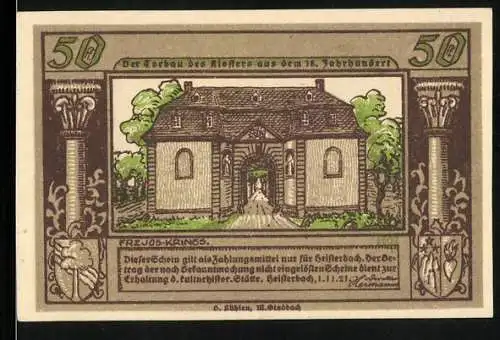 Notgeld Heisterbach 1921, 50 Pfennig, Torbau des Klosters