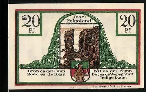 Notgeld Helgoland 1919, 20 Pfennig, Felsenbrandung, Stadtwappen