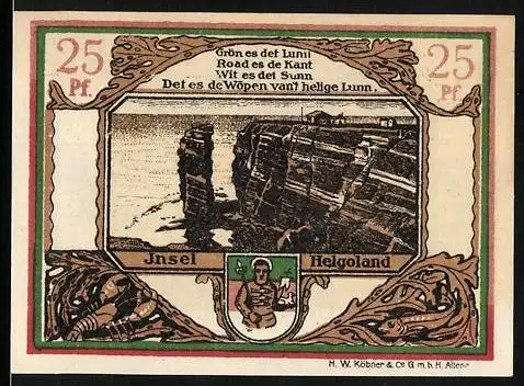 Notgeld Helgoland 1919, 25 Pfennig, Ortsansicht, Stadtwappen