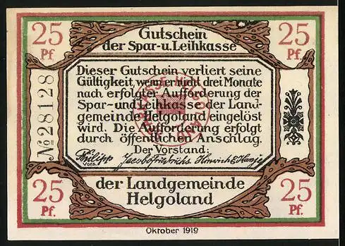 Notgeld Helgoland 1919, 25 Pfennig, Ortsansicht, Stadtwappen