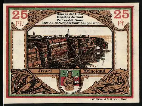 Notgeld Helgoland 1919, 25 Pfennig, Seitenansicht der Insel, Stadtwappen
