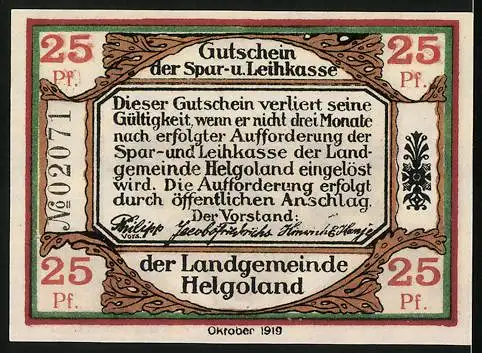 Notgeld Helgoland 1919, 25 Pfennig, Seitenansicht der Insel, Stadtwappen