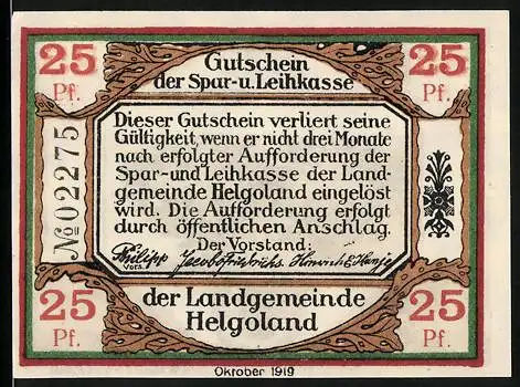 Notgeld Helgoland 1919, 25 Pfennig, Unterschrift Vorstand, Insel mit Leuchtturm
