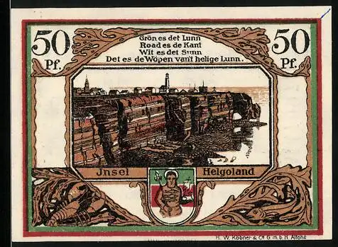 Notgeld Helgoland 1919, 50 Pfennig, Leuchtturm und Kirche, Stadtwappen