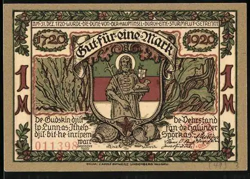 Notgeld Helgoland 1920, 1 Mark, Stadtwappen, Möwen über dem Wasser