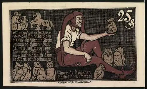 Notgeld Braunschweig 1921, 25 Pfennig, Weisses Ross, Till Eulenspiegel mit Eulen