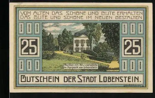 Notgeld Lobenstein 1921, 25 Pfennig, Pavillon mit Brunnenplatz