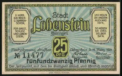 Notgeld Lobenstein 1921, 25 Pfennig, Pavillon mit Brunnenplatz