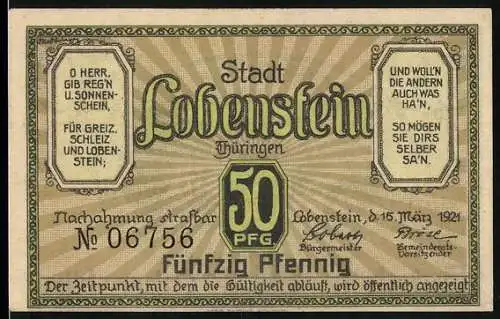 Notgeld Lobenstein 1921, 50 Pfennig, Ortsansicht mit Burg