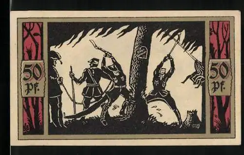 Notgeld Przyschetz 1921, 50 Pfennig, Soldaten fällen einen Baum, Briefmarken