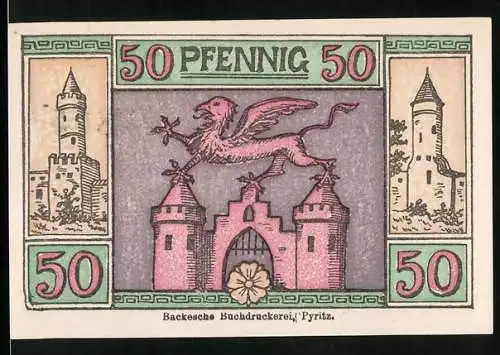 Notgeld Pyritz 1921, 50 Pfennig, Stadttor mit Greif